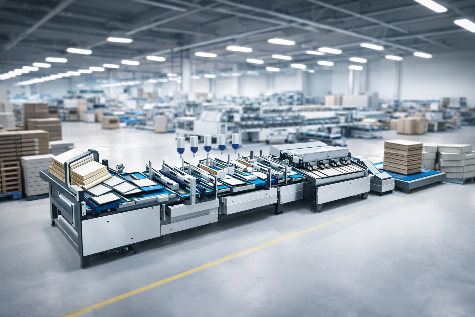 Automatic folder gluer machine operating in a modern packaging facility